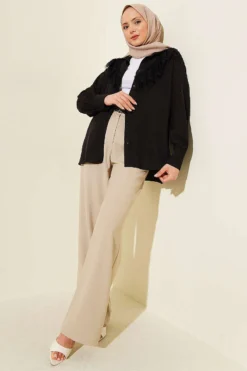 Alternative view of Thin Belted Pleated Fabric Trousers Beige