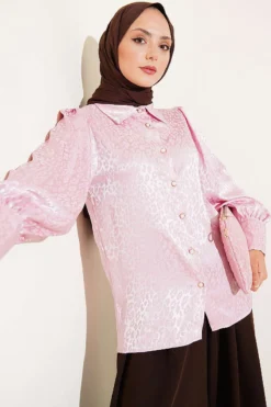 Pearl Button Jacquard Satin Shirt Powder Pink