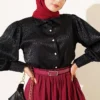 Pearl Button Jacquard Satin Shirt Black