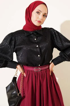 Pearl Button Jacquard Satin Shirt Black