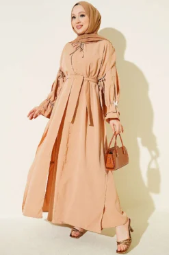 Pearl Embellished Butterfly Cape Dress Latte