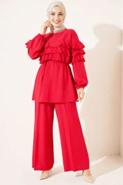 Ruffled Tunic Set with Belt Red