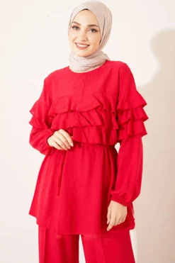 Alternative view of Ruffled Tunic Set with Belt Red