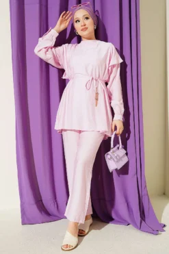 Belted Ruffled Shoulder Two-Piece Set Pink