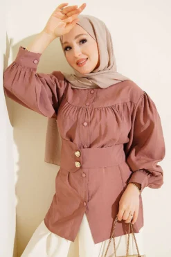Double Button Belted Shirt Rose Dust