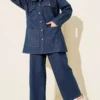 Double-Breasted Pocket Denim Two-Piece Set Blue