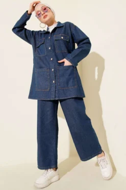 Double-Breasted Pocket Denim Two-Piece Set Blue