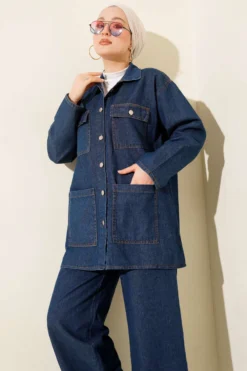 Vista alternativa de Double-Breasted Pocket Denim Two-Piece Set Blue