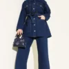 Double-Breasted Pocket Denim Set Navy Blue