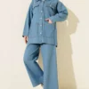Double-Breasted Pocket Denim Set Blue