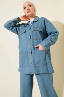 Vista alternativa de Double-Breasted Pocket Denim Set Blue