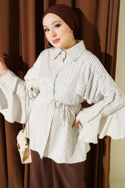 Ruffled Striped Shirt with Double Sleeves White