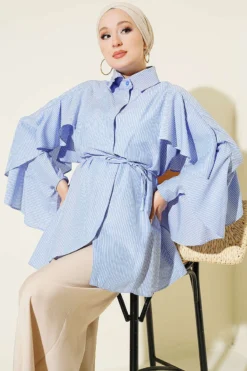 Ruffled Striped Shirt with Double Sleeves Blue