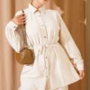 ⁦Two-Piece Set with Double Ruffles and Belt Beige⁩ - الصورة ⁦2⁩