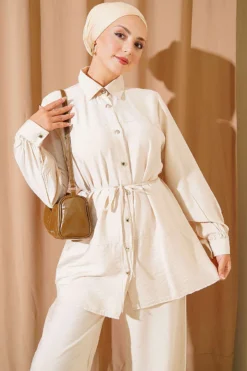 Alternative view of Two-Piece Set with Double Ruffles and Belt Beige