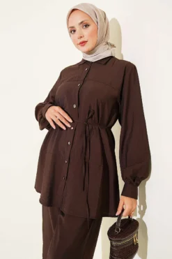 Alternative view of Two-Piece Set with Double Ruffles and Belt Brown
