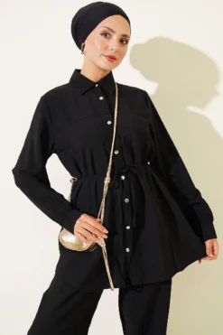 Alternative view of Two-Piece Set with Double Ruffles and Belt Black
