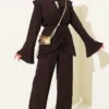 Double Lapel Elastic Waist Two-Piece Set Brown