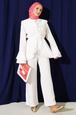Alternative view of Double Lapel Elastic Waist Two-Piece Set White