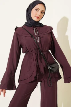 Alternative view of Double Lapel Elastic Waist Two-Piece Set Plum