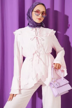 Alternative view of Double Lapel Elastic Waist Two-Piece Set Pink