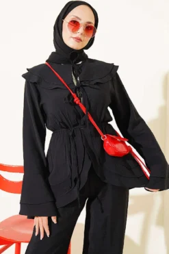 Alternative view of Double Lapel Elastic Waist Two-Piece Set Black