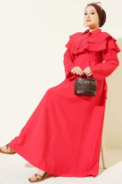 Double Lapel Gold Button Belted Dress Red