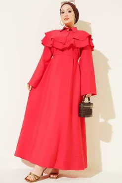 منظر بديل لـ Double Lapel Gold Button Belted Dress Red