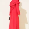 Double Lapel Gold Button Belted Dress Red – Image 3