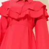 Double Lapel Gold Button Belted Dress Red – Image 4