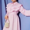Double Lapel Gold Button Belted Dress Pink – Bild 2