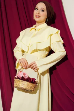 Alternative view of Double Lapel Gold Button Belted Dress Yellow