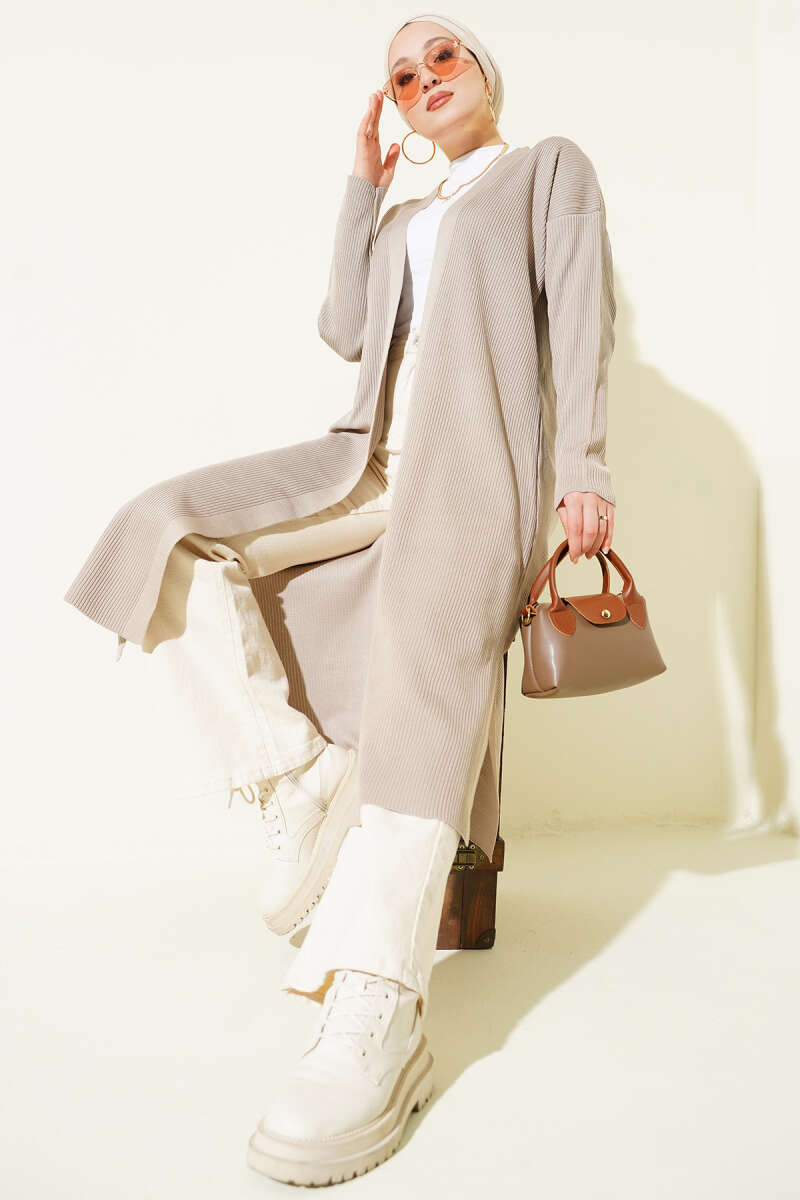Fine Ribbed Knit Long Cardigan Mink
