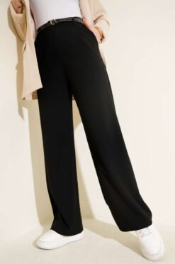 Thin Belted Pleated Fabric Trousers Black