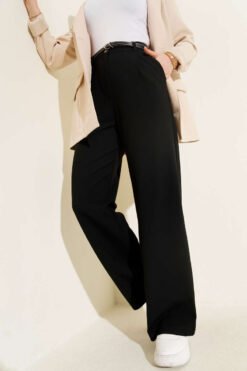 Alternative view of Thin Belted Pleated Fabric Trousers Black