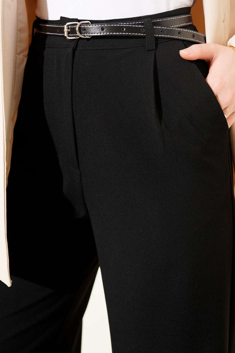 Thin Belted Pleated Fabric Trousers Black - Image 4