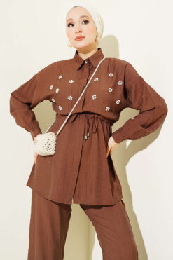 Alternative view of Pearl Flower Hidden Button Two-Piece Set Chestnut