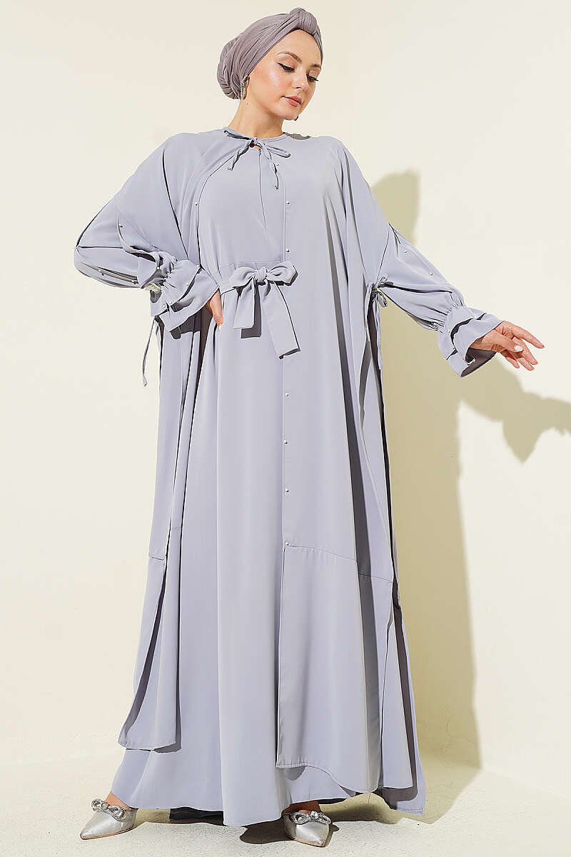 Pearl Embellished Butterfly Cape Dress Grey