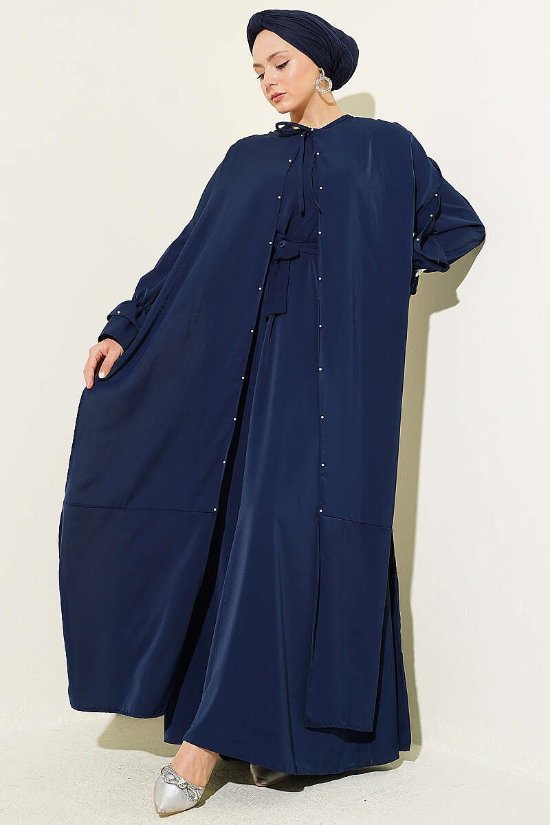 Pearl Embellished Butterfly Cape Dress Navy Blue
