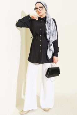 Alternative view of Lace-Up Shirt with Stone Buttons Black