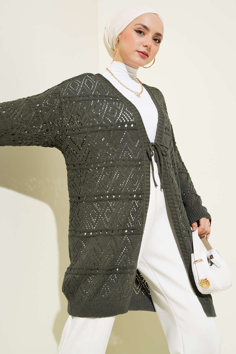 Patterned Knit Cardigan with Tie Closure Khaki