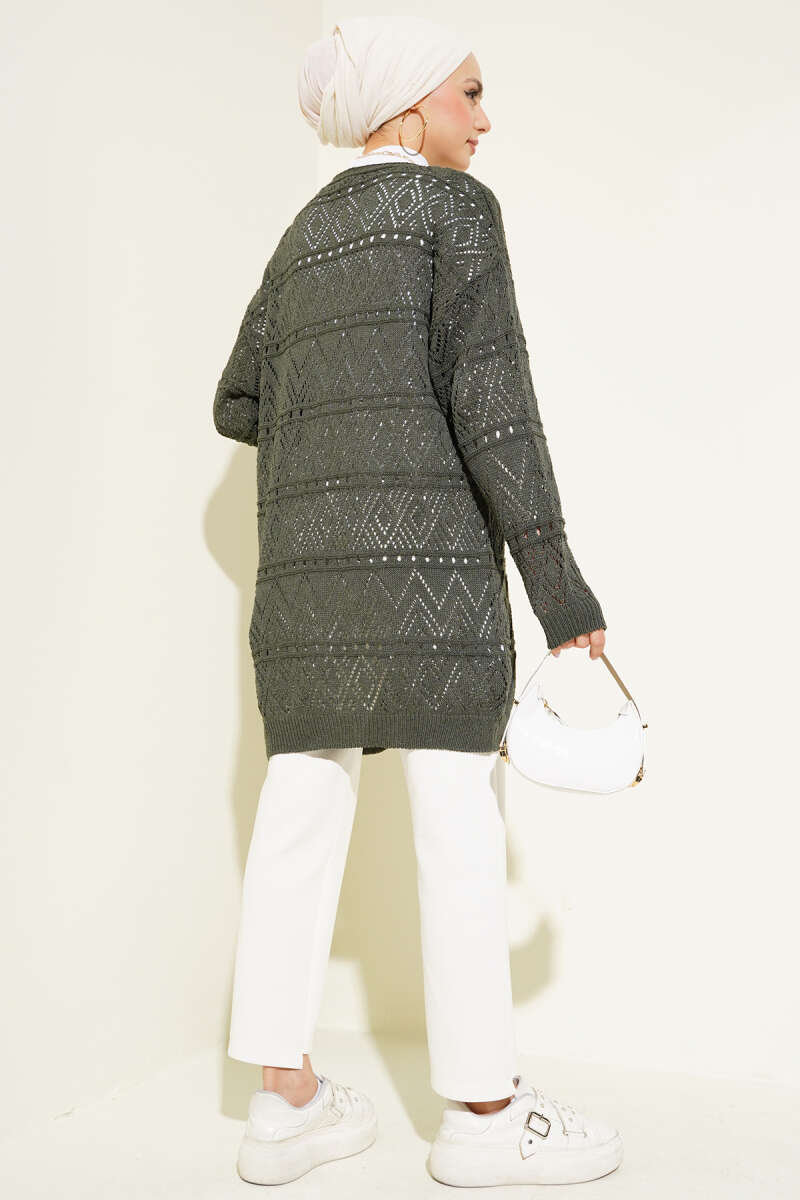 Patterned Knit Cardigan with Tie Closure Khaki - immagine 3