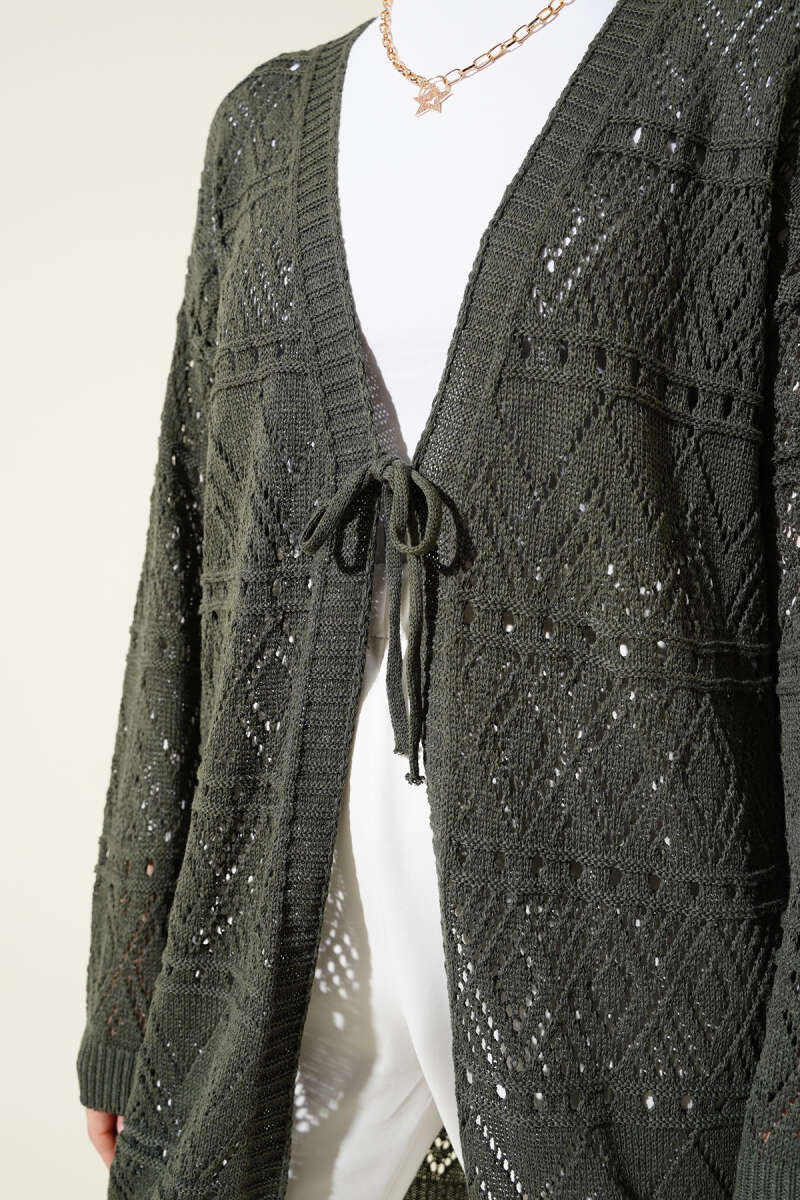 Patterned Knit Cardigan with Tie Closure Khaki - immagine 4