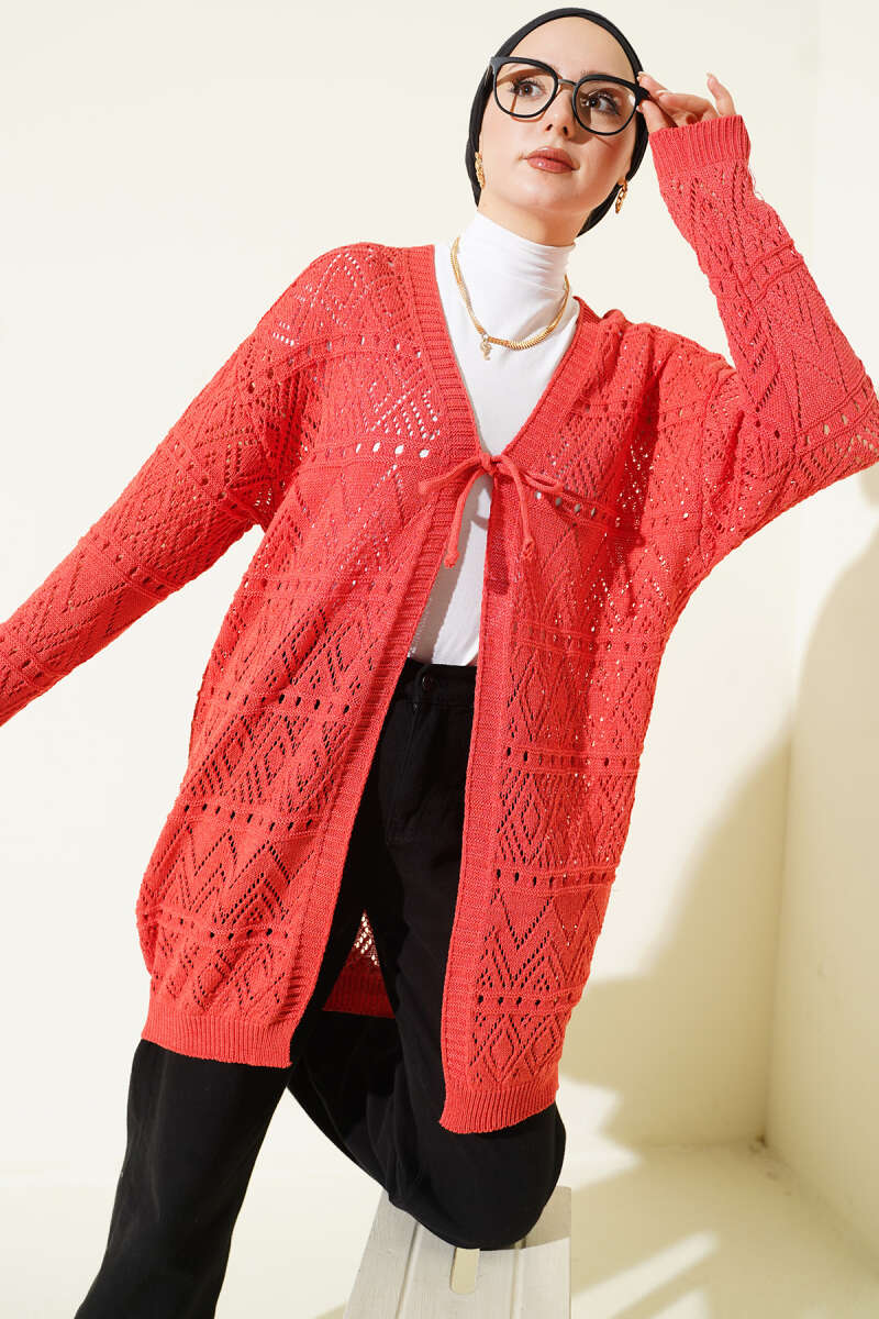Patterned Knit Cardigan with Tie Closure Coral