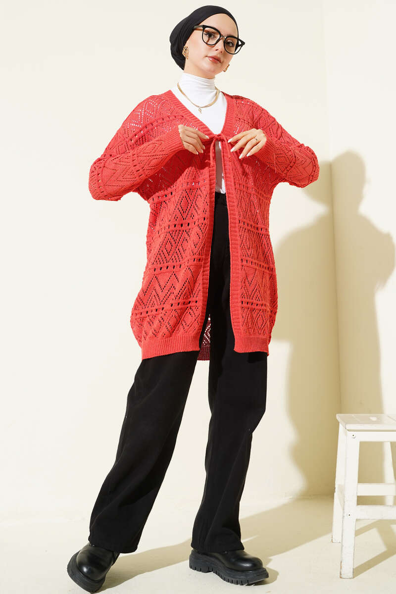 Patterned Knit Cardigan with Tie Closure Coral - Imagen 2