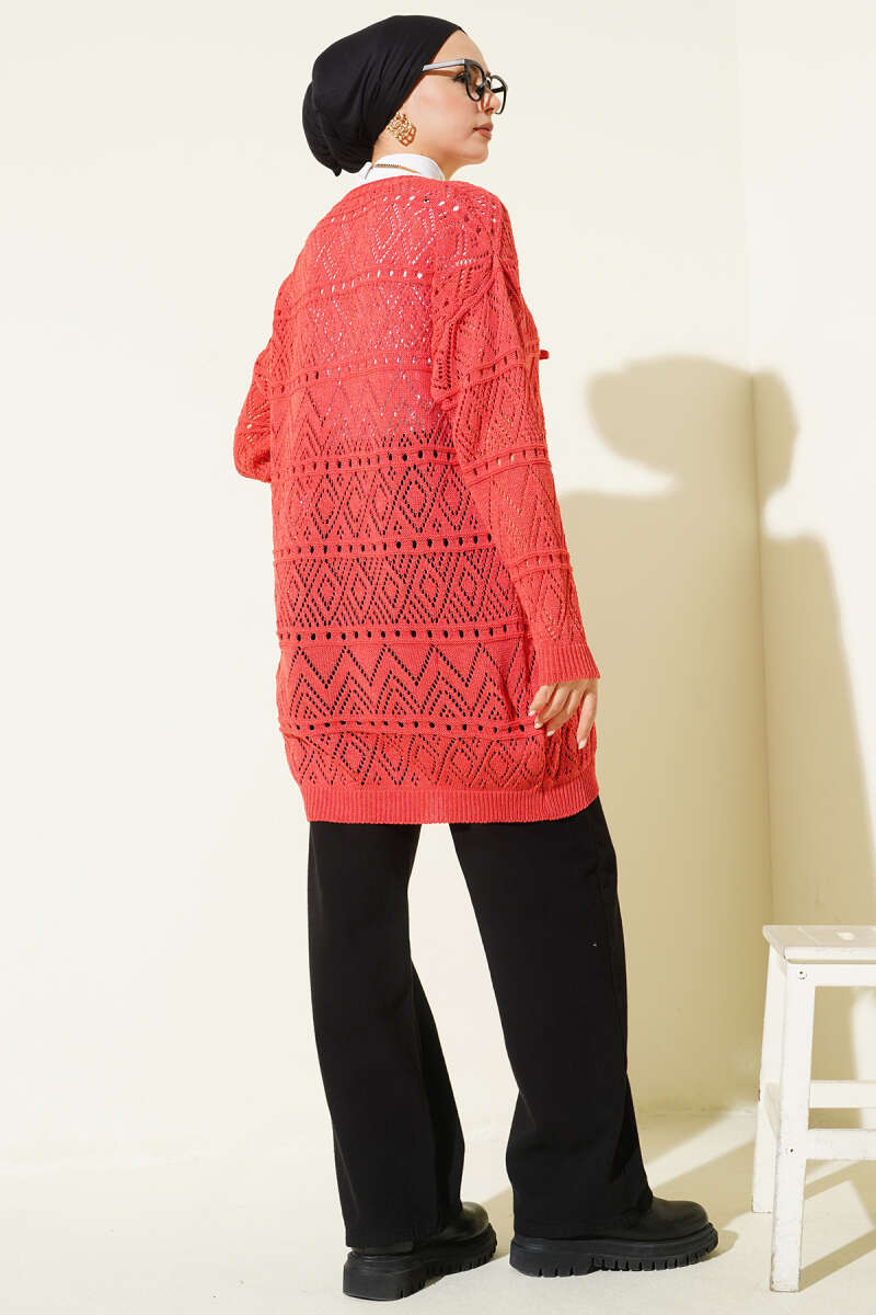 Patterned Knit Cardigan with Tie Closure Coral - Imagen 3