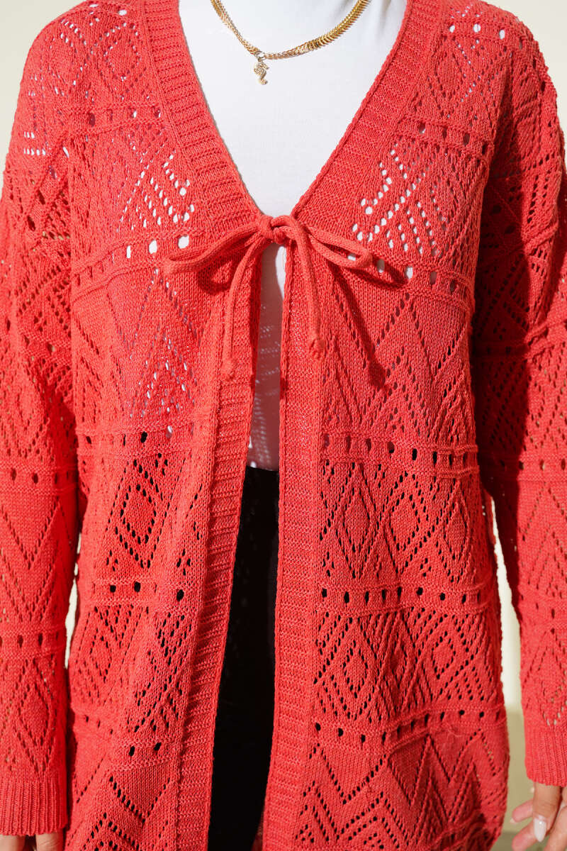 Patterned Knit Cardigan with Tie Closure Coral - Imagen 4