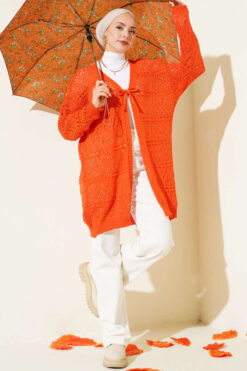 Alternative view of Patterned Knit Cardigan with Tie Closure Orange