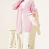 ⁦Patterned Knit Cardigan with Tie Closure Pink⁩ - الصورة ⁦2⁩