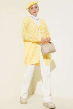 Alternative view of Patterned Knit Cardigan with Tie Closure Yellow